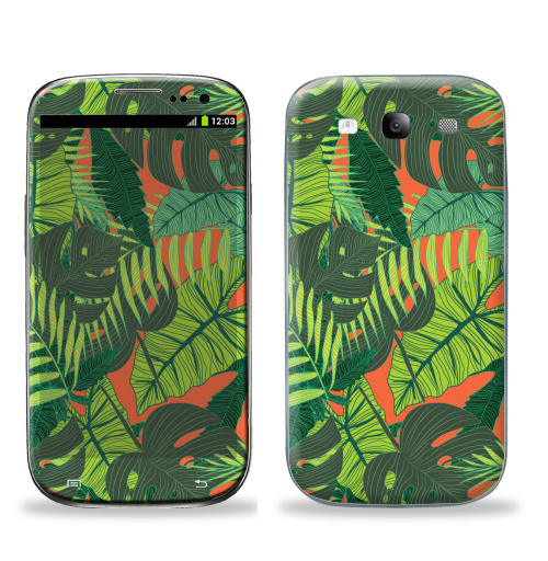 Наклейка на Телефон Samsung Galaxy S3 (i9300) Тропический принт,  купить в Москве – интернет-магазин Allskins, дистья, монстера, монстры, птицы, цветы, текстура, паттерн, джунгли, тропики