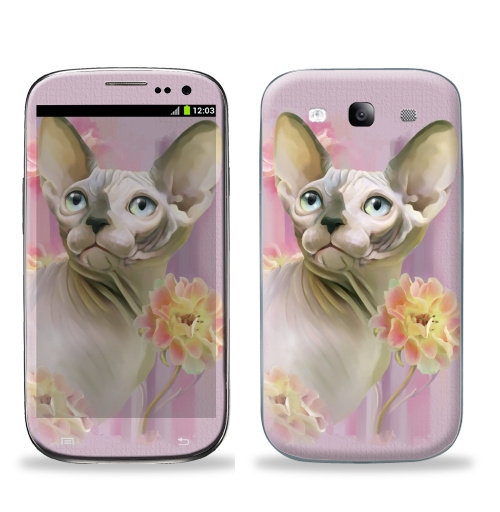 Наклейка на Телефон Samsung Galaxy S3 (i9300) Сфинкс с розами.,  купить в Москве – интернет-магазин Allskins, кошка, Сфинкс, цветы, лето, розы, фиолетовый, лиловый, сфинксы