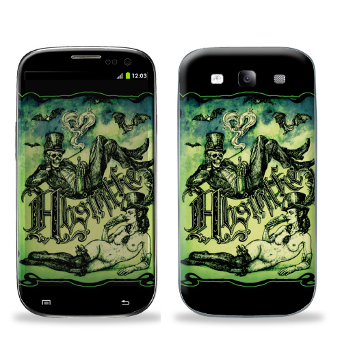 Наклейка на Телефон Samsung Galaxy S3 (i9300) Абсентовая фантазия.,  купить в Москве – интернет-магазин Allskins, надписи на английском, ню, девушка, винтаж, череп, фея, надписи, скелет, алкоголь, Абсент
