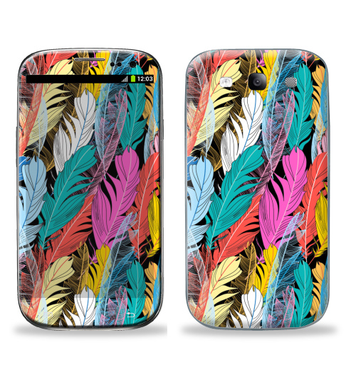 Наклейка на Телефон Samsung Galaxy S3 (i9300) Разноцветные графические перья,  купить в Москве – интернет-магазин Allskins, узор, пикник, яркий, радость, чудо, перья, птицы