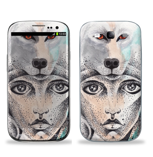 Наклейка на Телефон Samsung Galaxy S3 (i9300) Волкчикса,  купить в Москве – интернет-магазин Allskins, акварель, цвет, девушка, волк, точки