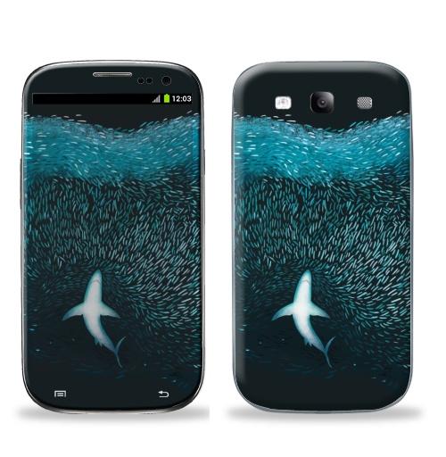 Наклейка на Телефон Samsung Galaxy S3 (i9300) Акула с рыбками,  купить в Москве – интернет-магазин Allskins, акула, морская, рыба, животные, графика, голубой, океаны, глубина, бирюзовый