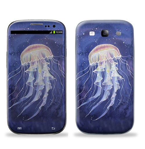 Наклейка на Телефон Samsung Galaxy S3 (i9300) Медуза батик,  купить в Москве – интернет-магазин Allskins, батик, синий, графика, молюск, морская, медуза, роспись, шелку