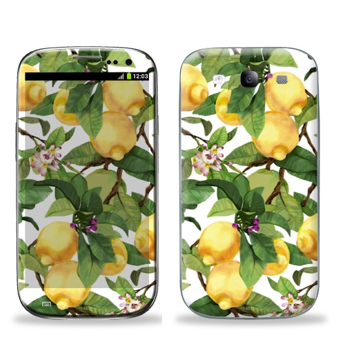 Наклейка на Телефон Samsung Galaxy S3 (i9300) Акварельные лимоны,  купить в Москве – интернет-магазин Allskins, лимон, акварель, компьютернаяакварель, желтый, зеленый, фрукты, цветылимона, цветы