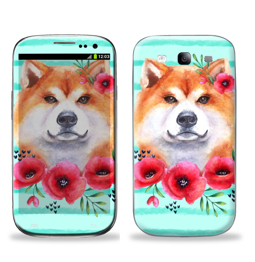 Наклейка на Телефон Samsung Galaxy S3 (i9300) Акита и маки,  купить в Москве – интернет-магазин Allskins, крутые животные, собаки, рыжая, акварель, мак, цветы, красный, акита