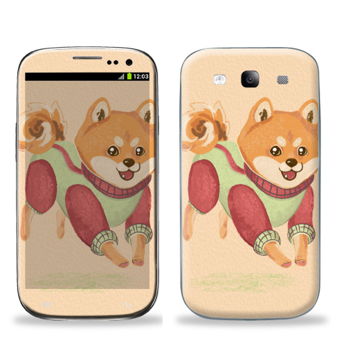 Наклейка на Телефон Samsung Galaxy S3 (i9300) Радостный песик,  купить в Москве – интернет-магазин Allskins, собаки, рыжая, зеленый, красный, сиба, веселый