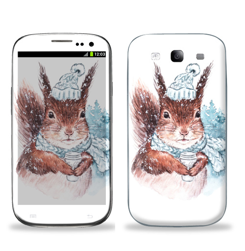 Наклейка на Телефон Samsung Galaxy S3 (i9300) Зимняя белка,  купить в Москве – интернет-магазин Allskins, холод, мило, животные, новый год, зима, акварель, белка