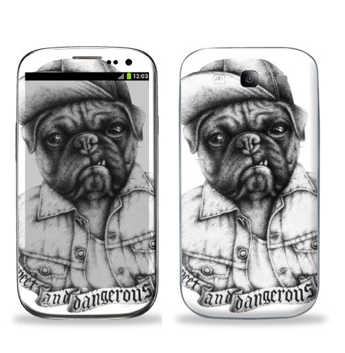 Наклейка на Телефон Samsung Galaxy S3 (i9300) Опасный мопс,  купить в Москве – интернет-магазин Allskins, крутые животные, черное и белое, Мопс, собаки, мило, кепка, дерзкий, татуировки, оскал, черно-белое, хулиган