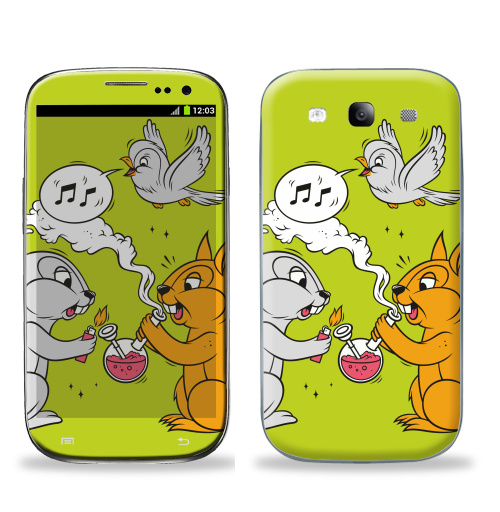 Наклейка на Телефон Samsung Galaxy S3 (i9300) Funny friends,  купить в Москве – интернет-магазин Allskins, заяц, белка, дружба, дым, кальян, ноты, птицы