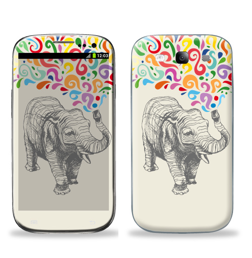 Наклейка на Телефон Samsung Galaxy S3 (i9300) Слон,  купить в Москве – интернет-магазин Allskins, 300 Лучших работ, животные, графика, брызги, слоны, разноцветное, фонтан