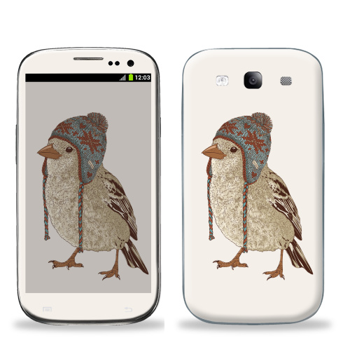 Наклейка на Телефон Samsung Galaxy S3 (i9300) Птица в шапке,  купить в Москве – интернет-магазин Allskins, 300 Лучших работ, пипстер, шапка, птицы, зима, новый год, коричневый, крутые животные