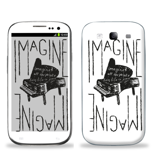 Наклейка на Телефон Samsung Galaxy S3 (i9300) Представь себе,  купить в Москве – интернет-магазин Allskins, beatless, imagine, черно-белое, Вообрази, рояль, музыка, надписи на английском, надписи