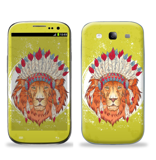 Наклейка на Телефон Samsung Galaxy S3 (i9300) ВОЖДЬ ЗВЕРЕЙ,  купить в Москве – интернет-магазин Allskins, индеец, животные, лев, иллюстация, перья