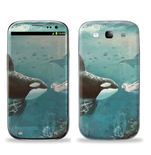 Наклейка на Телефон Samsung Galaxy S3 (i9300) Орка,  купить в Москве – интернет-магазин Allskins, голубой, любовь, касатка, морская, подводная, дельфины, девушка, зеленый
