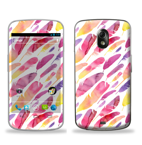 Наклейка на Телефон Samsung Galaxy Nexus (i9250) Акварельные перышки на белом фоне,  купить в Москве – интернет-магазин Allskins, перья, фиолетовый, сиреневый, лимонный, розовый, градиент, текстура, акварель