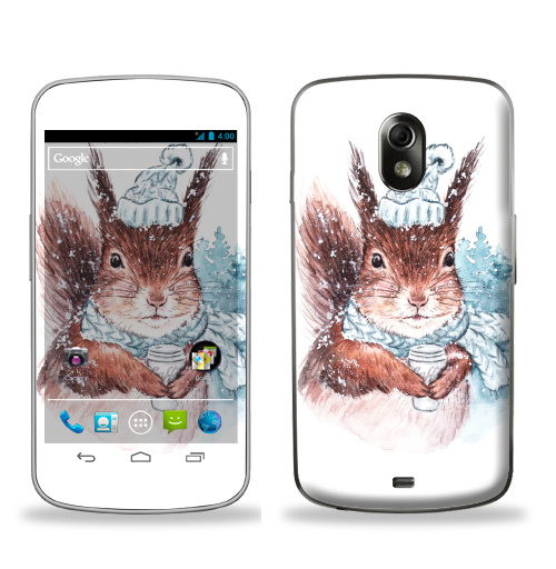 Наклейка на Телефон Samsung Galaxy Nexus (i9250) Зимняя белка,  купить в Москве – интернет-магазин Allskins, холод, мило, животные, новый год, зима, акварель, белка