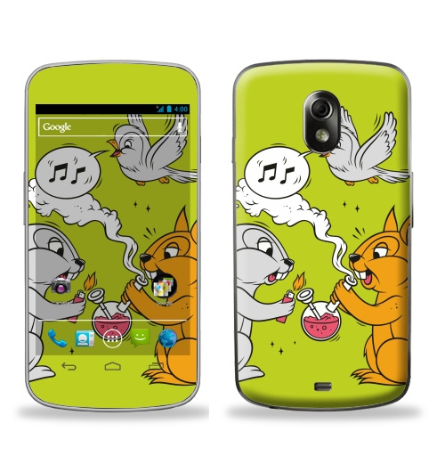 Наклейка на Телефон Samsung Galaxy Nexus (i9250) Funny friends,  купить в Москве – интернет-магазин Allskins, заяц, белка, дружба, дым, кальян, ноты, птицы