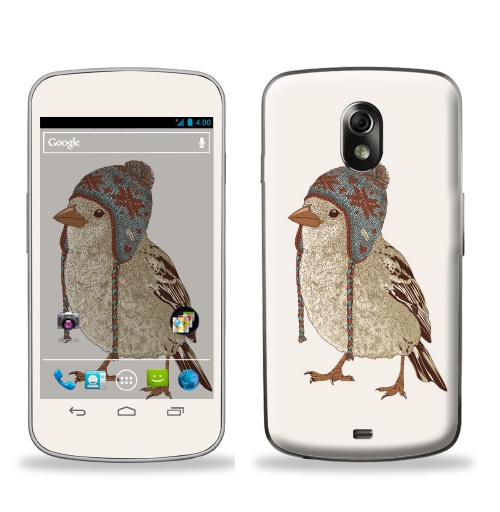 Наклейка на Телефон Samsung Galaxy Nexus (i9250) Птица в шапке,  купить в Москве – интернет-магазин Allskins, 300 Лучших работ, пипстер, шапка, птицы, зима, новый год, коричневый, крутые животные