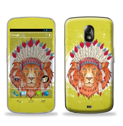Наклейка на Телефон Samsung Galaxy Nexus (i9250) ВОЖДЬ ЗВЕРЕЙ,  купить в Москве – интернет-магазин Allskins, индеец, животные, лев, иллюстация, перья