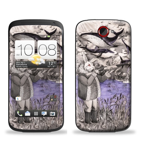 Наклейка на Телефон HTC HTC One S Разлетались тут,  купить в Москве – интернет-магазин Allskins, дед, злой_кролик, заяц, летающие_киты, киты, ружьё