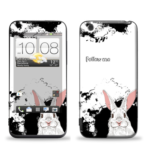 Наклейка на Телефон HTC HTC One V Следуй за белым кроликом,  купить в Москве – интернет-магазин Allskins, надписи на английском, заяц, белый, графика, надписи, черный, черно-белое, кролики, животные, зима