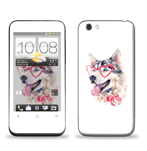 Наклейка на Телефон HTC HTC One V Модная собака,  купить в Москве – интернет-магазин Allskins, крутые животные, милые животные, мило, хаски, розовый, очки, акварель, собаки, детские