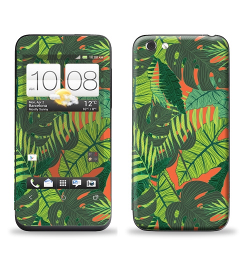 Наклейка на Телефон HTC HTC One V Тропический принт,  купить в Москве – интернет-магазин Allskins, дистья, монстера, монстры, птицы, цветы, текстура, паттерн, джунгли, тропики