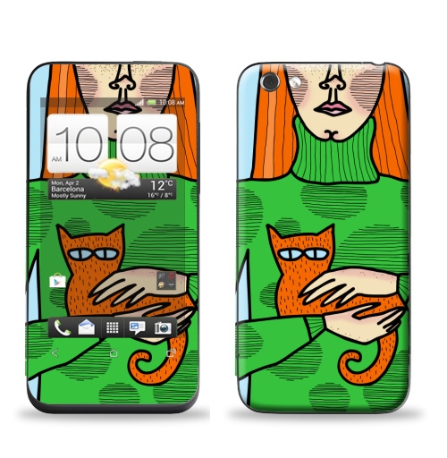 Наклейка на Телефон HTC HTC One V Лучший друг кот,  купить в Москве – интернет-магазин Allskins, кошка, девушка, дружба, рыжая, яркий