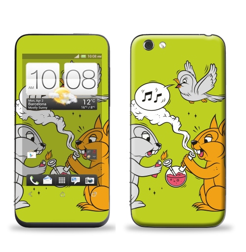 Наклейка на Телефон HTC HTC One V Funny friends,  купить в Москве – интернет-магазин Allskins, заяц, белка, дружба, дым, кальян, ноты, птицы