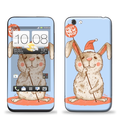 Наклейка на Телефон HTC HTC One V Happy NEW year,  купить в Москве – интернет-магазин Allskins, новый год, улыбка, животные, пикник, заяц