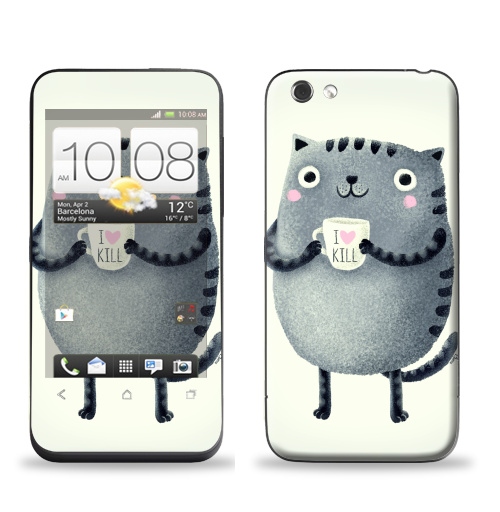 Наклейка на Телефон HTC HTC One V Кот I love to kill,  купить в Москве – интернет-магазин Allskins, серый, чай и кофе, уют, убийство, кошка, любовь, новый год, розовый, 300 Лучших работ, крутые животные
