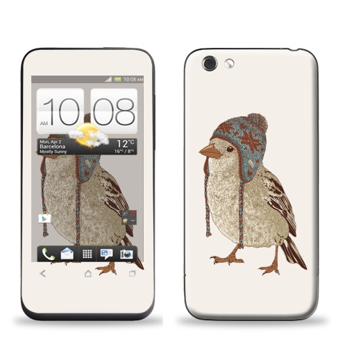 Наклейка на Телефон HTC HTC One V Птица в шапке,  купить в Москве – интернет-магазин Allskins, 300 Лучших работ, пипстер, шапка, птицы, зима, новый год, коричневый, крутые животные