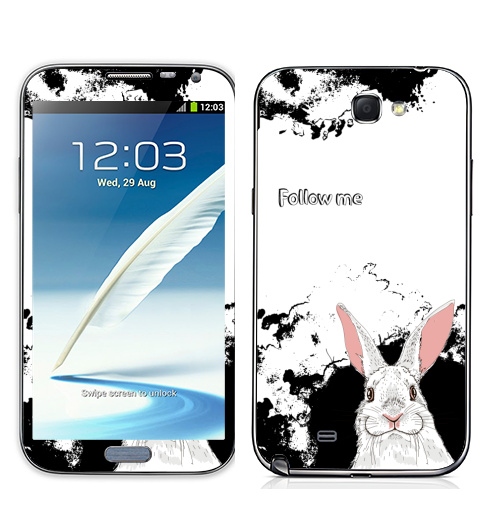 Наклейка на Телефон Samsung Galaxy Note 2 Следуй за белым кроликом,  купить в Москве – интернет-магазин Allskins, надписи на английском, заяц, белый, графика, надписи, черный, черно-белое, кролики, животные, зима