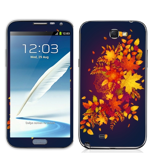 Наклейка на Телефон Samsung Galaxy Note 2 Дух осени,  купить в Москве – интернет-магазин Allskins, осень, листья, рыжий, девушка, рябина, деревья, природа, винтаж, лес