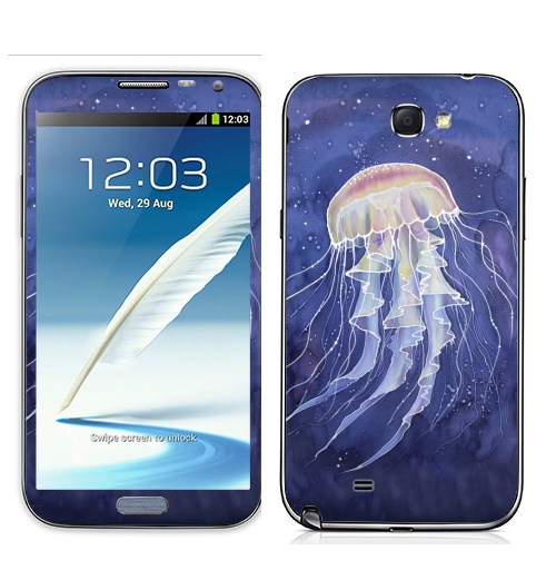 Наклейка на Телефон Samsung Galaxy Note 2 Медуза батик,  купить в Москве – интернет-магазин Allskins, батик, синий, графика, молюск, морская, медуза, роспись, шелку