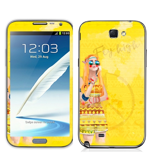 Наклейка на Телефон Samsung Galaxy Note 2 Девушка Хиппи,  купить в Москве – интернет-магазин Allskins, девушка, лето, желтый, оранжевый, хиппи, очки, рыжая, любовь, солнце