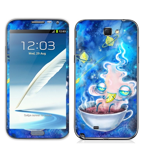 Наклейка на Телефон Samsung Galaxy Note 2 Чайная вселенная,  купить в Москве – интернет-магазин Allskins, иллюстация, акварель, кошка, чай и кофе, чайник, синий, фэнтези, магия, волшебные