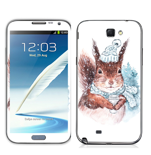 Наклейка на Телефон Samsung Galaxy Note 2 Зимняя белка,  купить в Москве – интернет-магазин Allskins, холод, мило, животные, новый год, зима, акварель, белка