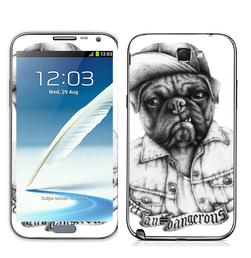 Наклейка на Телефон Samsung Galaxy Note 2 Опасный мопс,  купить в Москве – интернет-магазин Allskins, крутые животные, черное и белое, Мопс, собаки, мило, кепка, дерзкий, татуировки, оскал, черно-белое, хулиган
