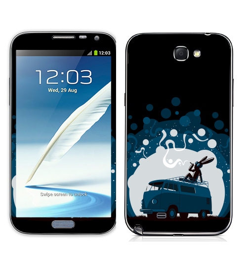 Наклейка на Телефон Samsung Galaxy Note 2 Night Scene '11,  купить в Москве – интернет-магазин Allskins, 300 Лучших работ, крыша, sfsf, синий, заяц, дым, ночь, Фольксваген, черный