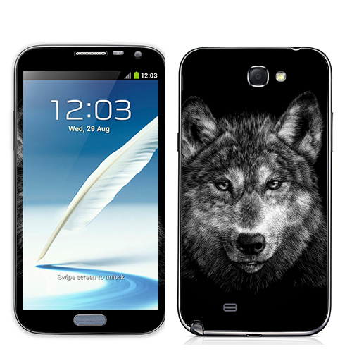 Наклейка на Телефон Samsung Galaxy Note 2 Волчище,  купить в Москве – интернет-магазин Allskins, морда, животные, волк, полностьючерный, 300 Лучших работ