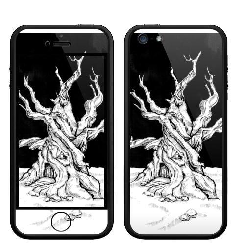 Наклейка на Телефон Apple Бампер на iPhone 5, 5S Старое дерево с дверью и ветками черно-белое,  купить в Москве – интернет-магазин Allskins, лес, ветка, черно-белое, графика, гравюра, дверь, черный_фон