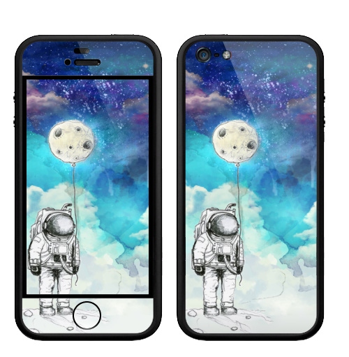 Наклейка на Телефон Apple Бампер на iPhone 5, 5S Космонавт на луне,  купить в Москве – интернет-магазин Allskins, луна, космонавтика, космонавтики, воздушныйшар, небо, ночноенебо, пейзаж, акварель, сюрреализм, голубой, синий, фиолетовый, стильно, яркий, роскошно, дорого, для_влюбленных, длявсех, космос