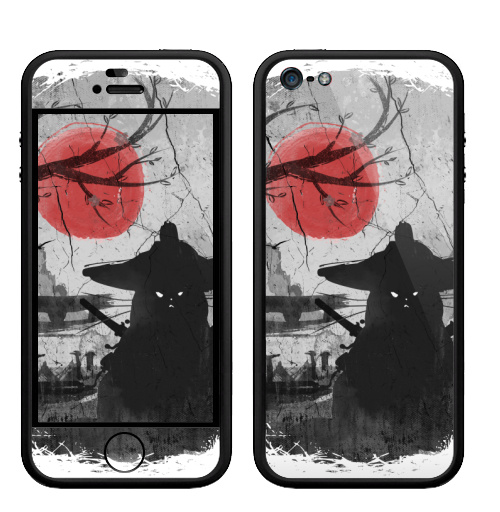 Наклейка на Телефон Apple Бампер на iPhone 5, 5S Японский Кот Самурай,  купить в Москве – интернет-магазин Allskins, кот самурай, сакура, черный, клан, луна, katana, ниндзя, самурай, Япония, кошка, сарказм