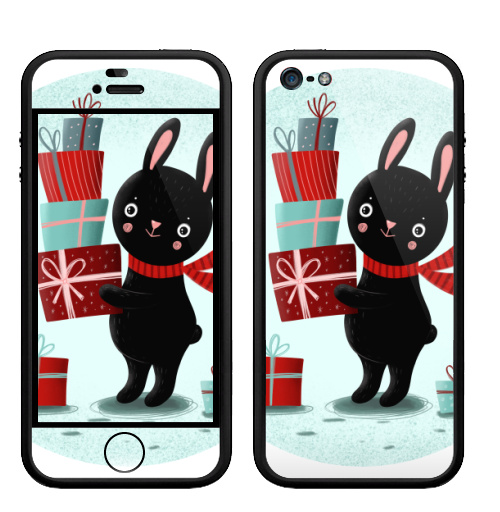 Наклейка на Телефон Apple Бампер на iPhone 5, 5S Черный кролик с подарками,  купить в Москве – интернет-магазин Allskins, кролики, заяц, читатель, новый год, символ, черный, красный, бирюзовый, символ_года, подарки