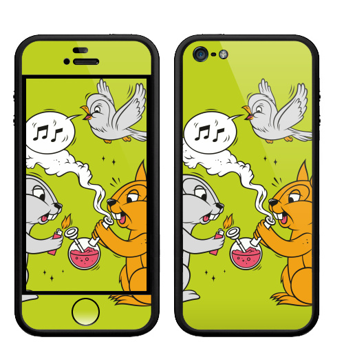 Наклейка на Телефон Apple Бампер на iPhone 5, 5S Funny friends,  купить в Москве – интернет-магазин Allskins, заяц, белка, дружба, дым, кальян, ноты, птицы