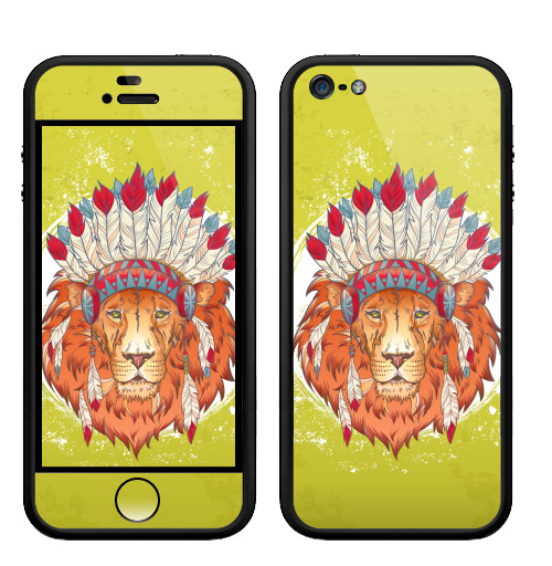 Наклейка на Телефон Apple Бампер на iPhone 5, 5S ВОЖДЬ ЗВЕРЕЙ,  купить в Москве – интернет-магазин Allskins, индеец, животные, лев, иллюстация, перья