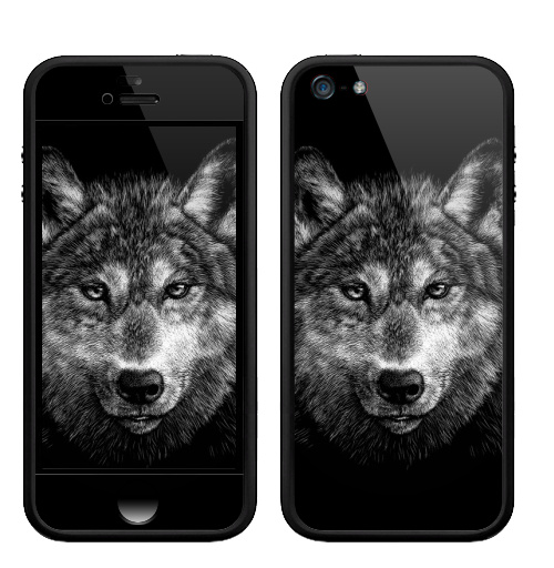 Наклейка на Телефон Apple Бампер на iPhone 5, 5S Волчище,  купить в Москве – интернет-магазин Allskins, морда, животные, волк, полностьючерный, 300 Лучших работ