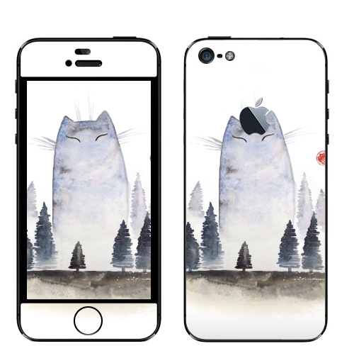 Наклейка на Телефон Apple iPhone 5 с яблоком Кот туманный,  купить в Москве – интернет-магазин Allskins, акварель, туман, лес, кошка