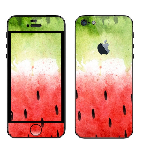 Наклейка на Телефон Apple iPhone 5 с яблоком Арбузный принт,  купить в Москве – интернет-магазин Allskins, ягоды, брызги, яркий, лето, зеленый, красный, арбуз, акварель